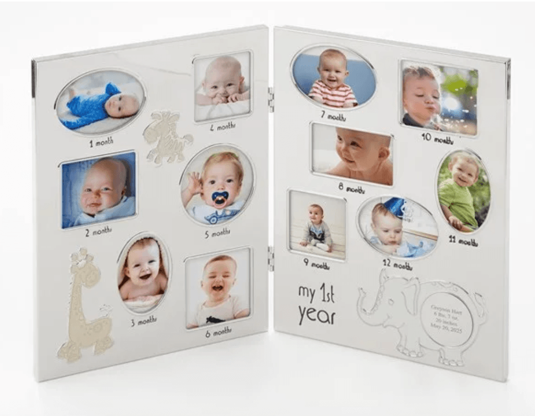 Silver engraved picture frame displaying baby's first 12 months milestone photos