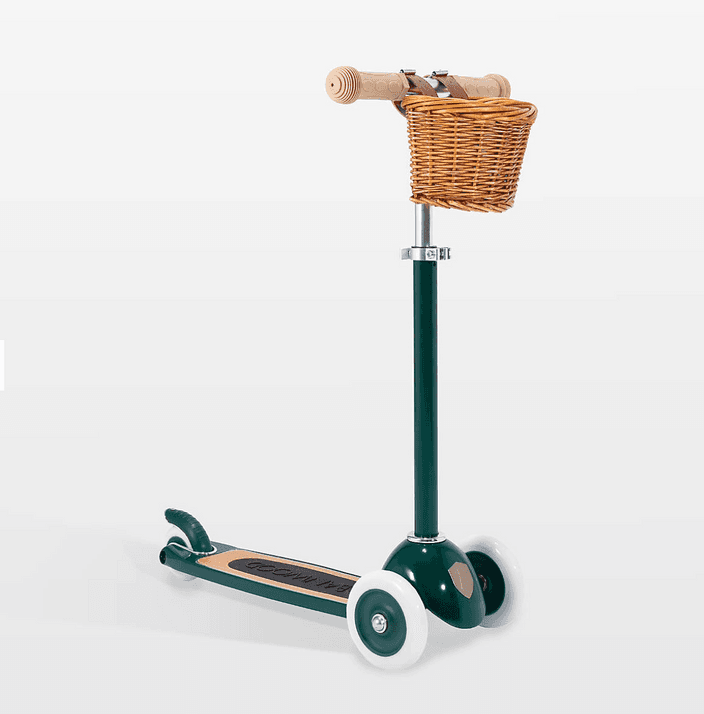 Vintage-style Banwood children's scooter with adjustable handlebar and basket