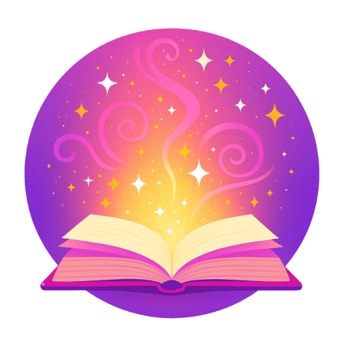 Magical book with swirling stories and sparkling stars