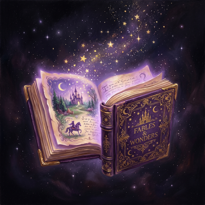 A magical storybook glowing with purple light and golden stars, floating in a starlit void