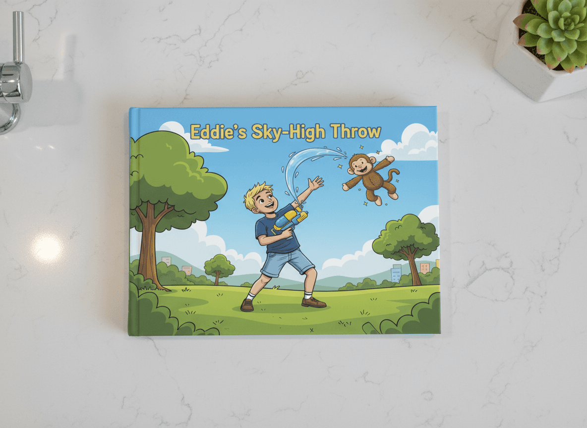 Eddie's Sky-High Throw — a personalized hardcover storybook on a desk