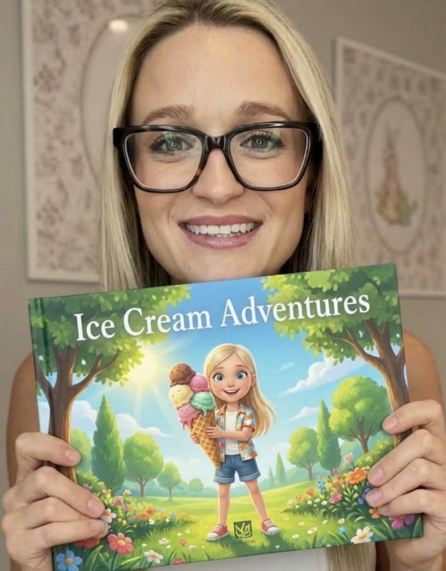 A woman holding a printed Ice Cream Adventures storybook